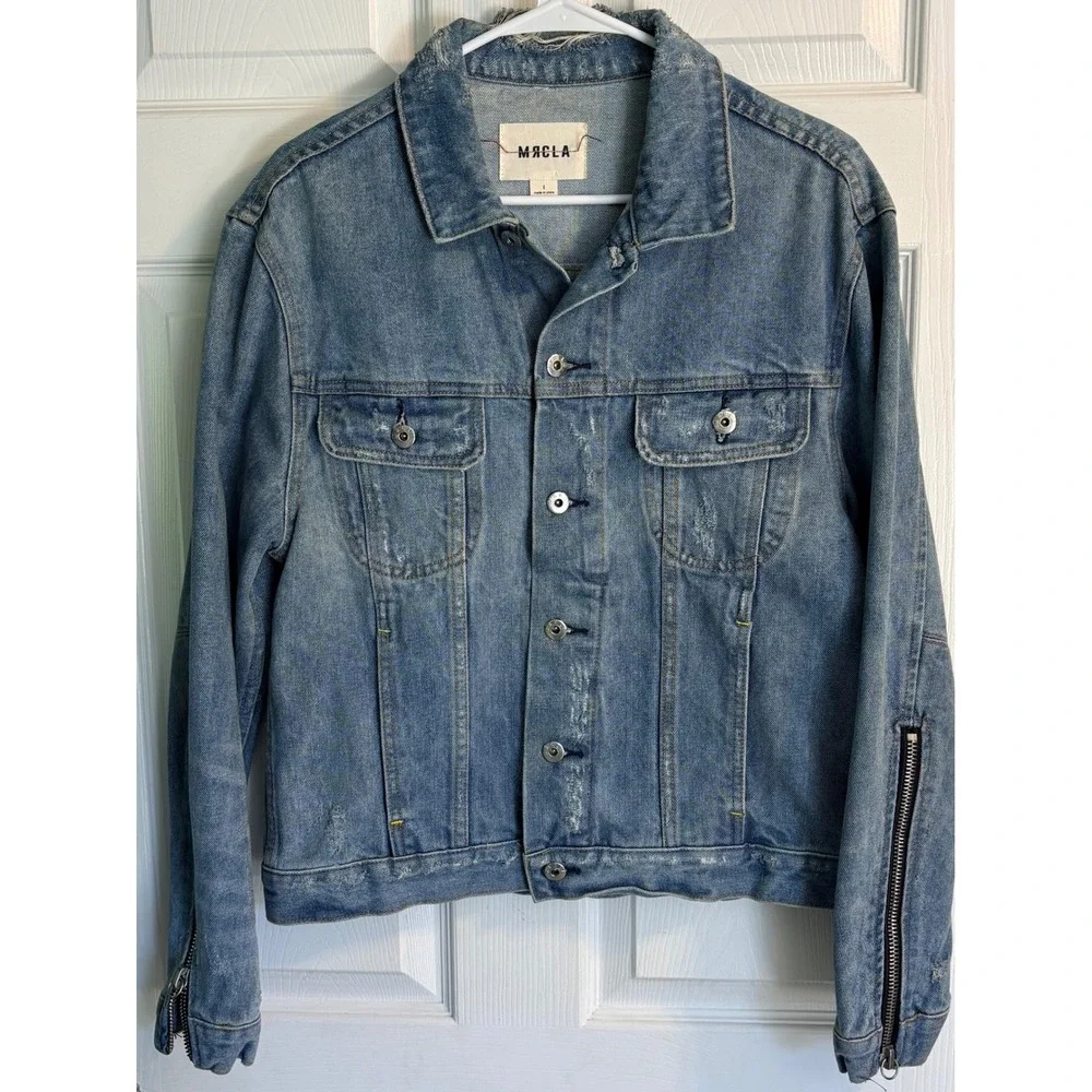 MRCLA Denim Jacket Size L Blue Distressed Zipper Sleeve Trucker Mr. Completely
